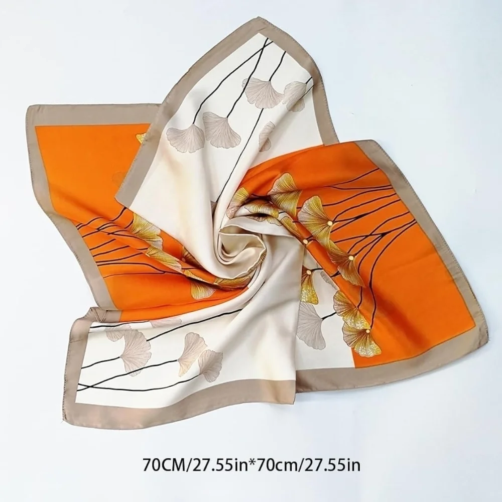 NWT Orange Cream Ginkgo Leaf Silky Satin Square Scarf Neck Scarf Headscarf 27.5